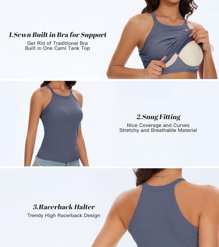 Image of Womens Racerback Ribbed Tank Top Camisole with Built in Bra Sport Yoga Top
