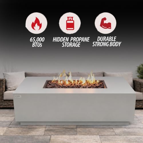 Image of AMS Fireplace Genuine Concrete Rectangular Propane Fire Pit Table for Outside Patio (66 inch Sedona) | Hidden Tank Drawer & Electronic Ignition | w /Bonus Ice Bucket and Rubber Mat (Light Gray)