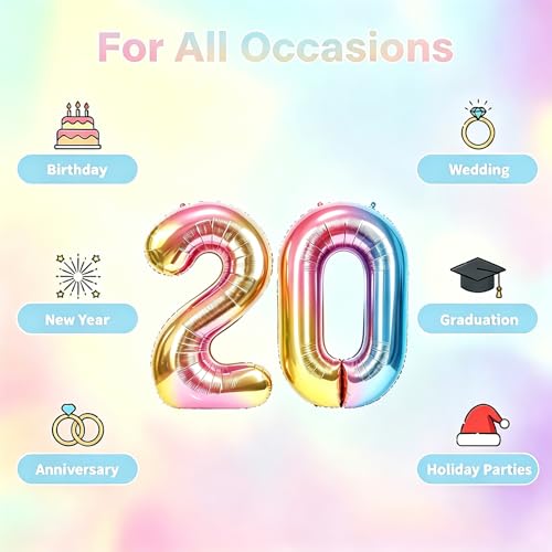 Image of Rainbow Number Balloons Birthday Balloons - Giant Number 20 Balloon 40 inch, Numbers Balloon Birthday Decorations, Rainbow Party Supplies for Baby Shower