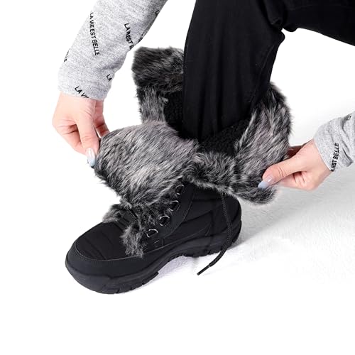 Image of AUSLAND Women's Black Winter Snow Boots Twin Peaks Fur Cuff Mid-Calf Waterproof Lace Up Boots