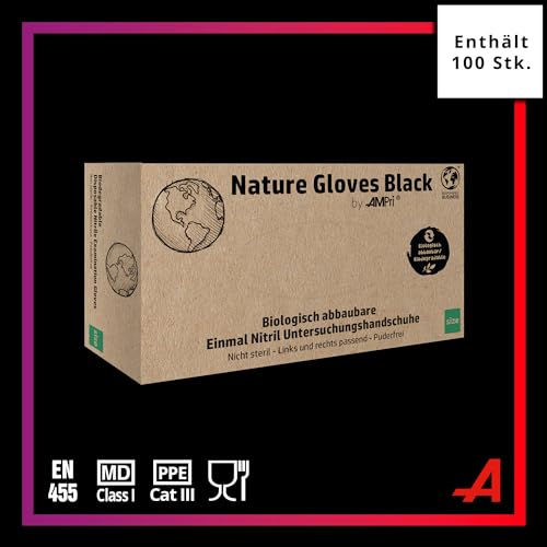 AMPRI Biologisch abbaubare Nitrilhandschuhe, schwarz, 100 Stück/Box, Größe L, puderfrei, Nature Gloves by Med-Comfort: Nitril Einmalhandschuhe in den Größen XS, S, M, L, XL erhältlich