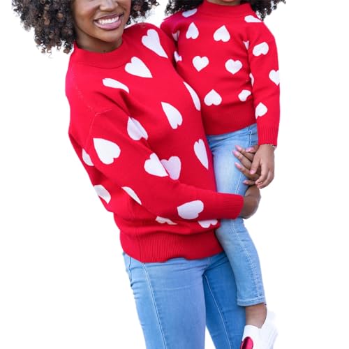 Image of Mommy and Me Matching Sweaters Outfits Heart Graphic Sweater Family Matching Clothes Long Sleeve Pullover Tops