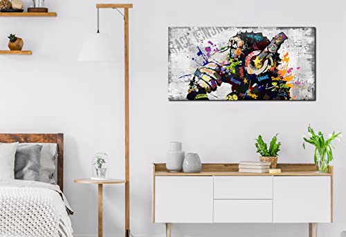 Large Canvas Wall Art Graffiti Gorilla With Headphones Picture For Living Room Bedroom Funny Wall Decor Ready To Hang Size 40" W X 20" H #TOP7