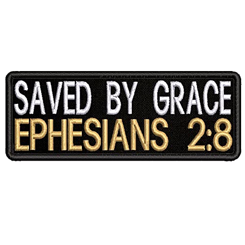 Ephesians 2:8 Bible Verse Embroidered Patch Iron-On Sew-On Religious Scripture Jesus Christ Christian Bikers Badge Emblem Name Tag Gift Applique for Vest Jacket Jeans Bag Backpack Denim Clothing