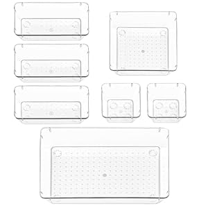 Drawer Organiser Set, Clear Makeup Trays Plastic, Desk Drawer Dividers Dresser Storage Bins Separation Box for Bathroom, Office, Cosmetic, Jewelries and Gadgets, Bedroom (7pcs)