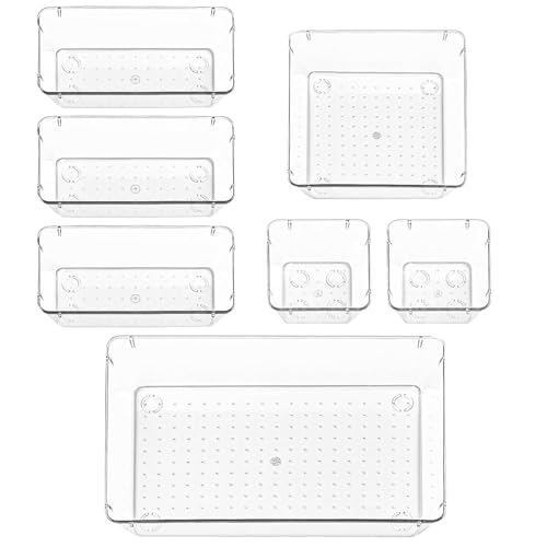 Drawer Organiser Set, Clear Makeup Trays Plastic, Desk Drawer Dividers Dresser Storage Bins Separation Box for Bathroom, Office, Cosmetic, Jewelries and Gadgets, Bedroom (7pcs)