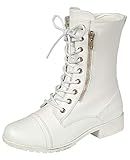 Forever Link Womens Round Toe Military Lace up Knit Ankle Cuff Low Heel Combat Boots, White, 6
