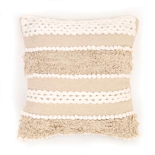 Image of Boho Cushion Covers 16x16 Inch Pack of 2 | Handcrafted Woven Tufted Cotton Throw Pillow Covers | Bohemian Decorative Sofa Cushion Cover Both Sides Fabric | Beige Cream Textured Pillow Covers