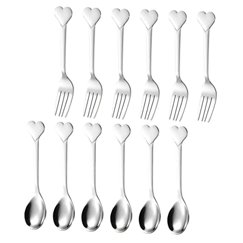 Alipis Stainless Steel Fork Spoon Set 12 Piece Heart Shaped Cutlery Salad Forks for Buffet Desserts