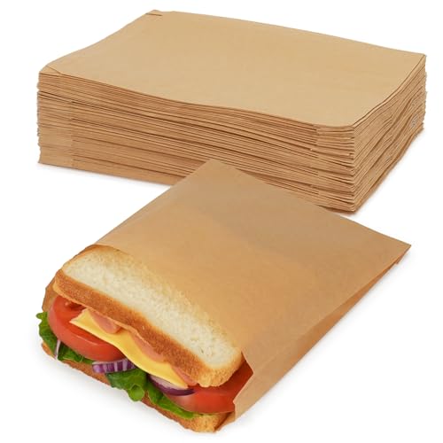 200 Pack Paper Sandwich Bags with Seal Stickers 681 Unbleached Natural Kraft Paper Bakery Bags for Lunch Packing Cookies Treats Snacks Pastry Baked Goods