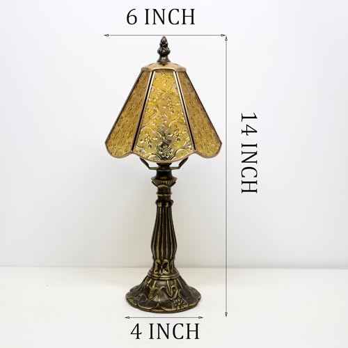 Small Tiffany Table Lamp Yellow Plum Blossom Style Stained Glass Desk Lamps 6X6X14 Inch Bronze Resin Base Antique Mini Accent Light - Image 3