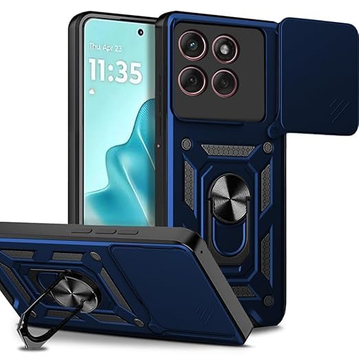 Image of Designerz hub Motorola Edge 60 Pro 5G Back Cover | Heavy Duty Hybrid Case with 360 Degree Rotating Finger Ring Holder + Slider Shutter Camera Protection Case for Motorola Edge 60 Pro 5G- Blue