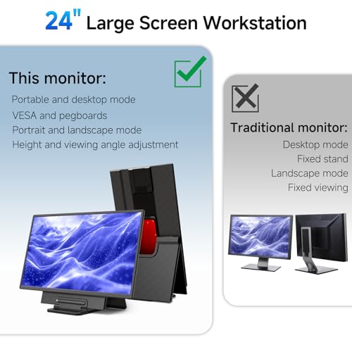 Image of Large Portable Monitor 24 inch - 1080P FHD 100Hz Travel Monitor, 125% sRGB IPS Laptop Screen Extender, VESA Compatible, Height Adjustable Detachable Stand with USB-C HDMI for Work Gaming Office Home