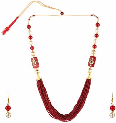 EfulgenzIndian Traditional Simulated Pearl Beaded Multi Stranded Necklace with Dangler Earrings Bollywood Jewelry Sets for Women