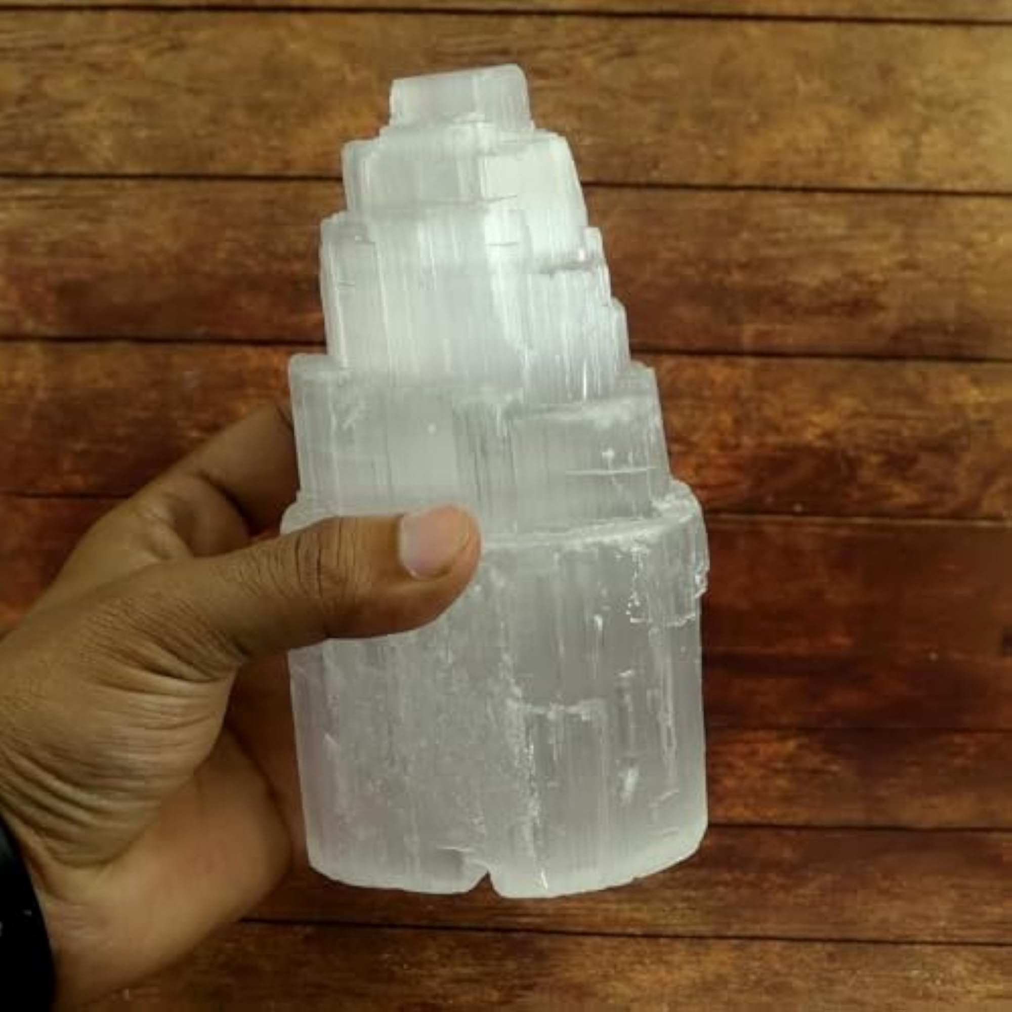 Natural Selenite Tower Shape Lamp with Yellow LED Bulb