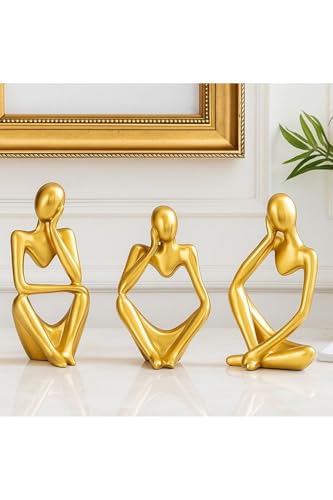 SODEF Set of 3 Abstract Sculpture Figurines - Resin Decorative Objects, Metallic Finish for Table Decor - Metallic