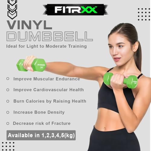 Image of Fitrxx Vinyl Dumbbells With Stand | Men and Women | Non-Slippery Dumbbell for Home and Gym | Full Body Workout (Green, 1 kg, 2 kg, 3 kg = 12 Kg)