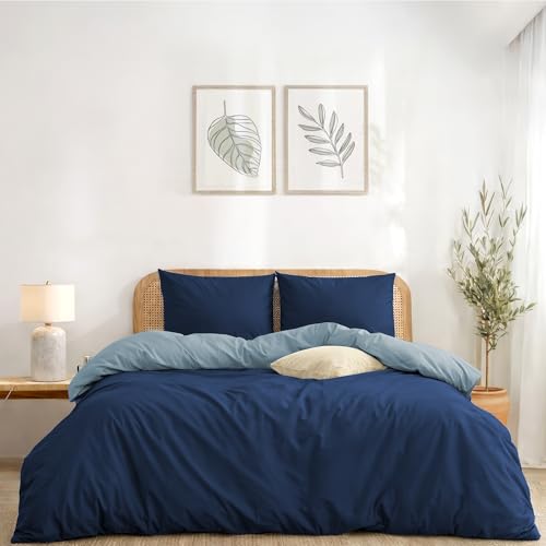 Twinzen Housse De Couette 240 X 260 cm Réversible, avec 2 Taie Oreiller 50x80 cm, Bleu Foncé/Bleu Gris - Parure de Lit 240 x 260 en Microfibre - Oeko-Tex