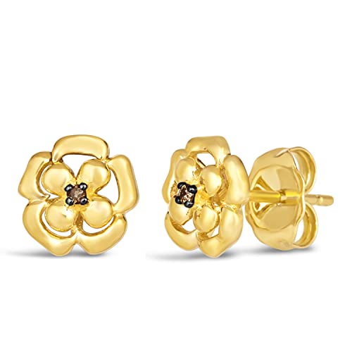 LE VIAN Chocolate Diamond Flower Stud Earrings for Women in 14k Yellow Gold (Brown Diamond, 0.01 cttw) Push Back Studs