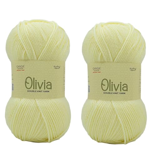 Image of Ganga Acrowools Olivia, Double Knit Yarn. Hand Knitting and Crochet Yarn. Oekotex Class 1 Certified. Pack of 2 Balls - 100gms Each. Shade no - OLV020, Butter, Acrylic, Cream