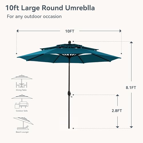 Image of PHI VILLA 10ft Outdoor Patio Umbrellas for Outside, 3 Tier Vented Market Table Umbrella Windproof for Backyard, Deck, Garden, 1.5 inch Pole, Cyan(No Base)