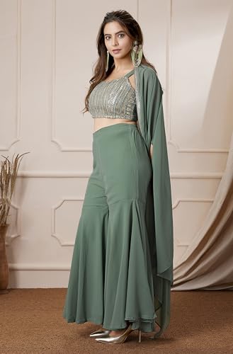 Image of Janasya Womens Crop Top with Sharara & Cape Set