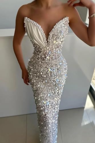 Sparkly Sequin Mermaid Prom Dresses Long V Neck Satin Beaded Pleated Tight High Waist Formal Dresses Evening Party Gowns2