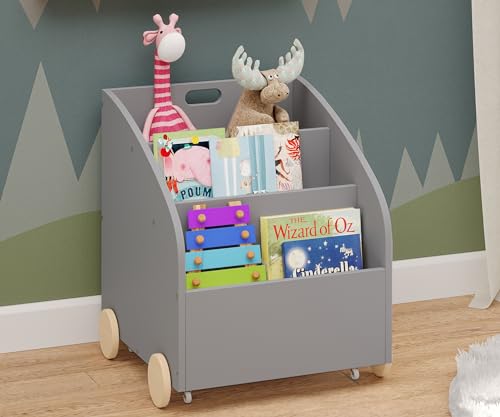 Bellabino Towy Bücherregal Kinderzimmer mit Rollen – Kinder Bücherregal Montessori mit 3 Fächern – Bücherwagen mit Geheimfach – Regal Kinder Grau/Natur – Kinderzimmer Möbel Holz 43,4x40x43,3cm
