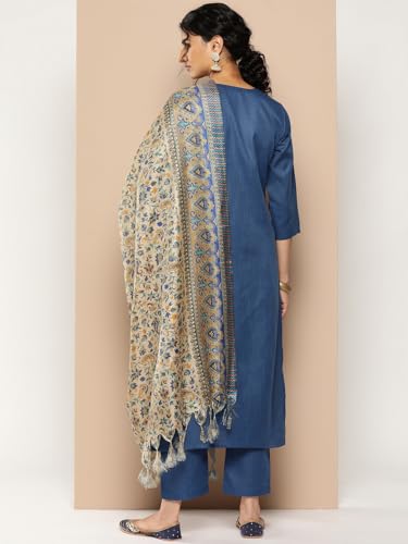 Image of Varanga Women Straight fit Embroiderd Yoke Blue Kurta with Side Slit Styled with a Matching Bottom and Printed Bhagalpuri Dupatta Perfect for Casual wear.