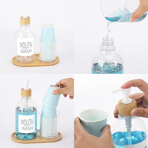 Image of Mouthwash Dispenser with Cup Holder, Plastic Mouth Wash Pump Bottle with Tray for Bathroom Organizers, 17oz Refillable Clear Mouthwash Container - Bamboo