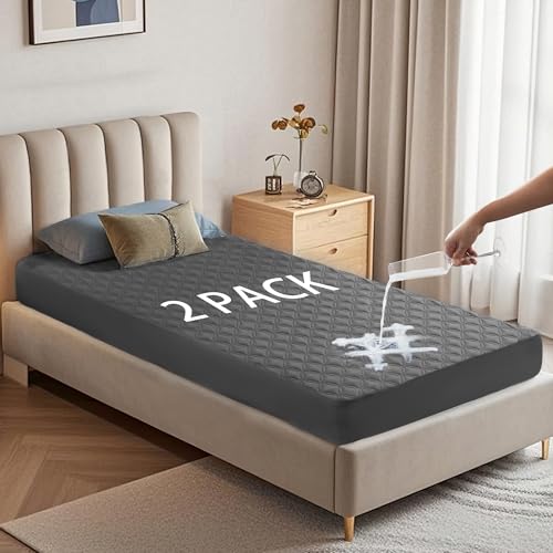 2 Pack Waterproof Mattress Protector, Twin XL Size Mattress Pad with Deep Pocket 6"-15" Depth, Soft Breathable Dirt-Proof Single Bed Mattress Cover for Bedroom, Dorm Room (Gray) Gray Twin XL