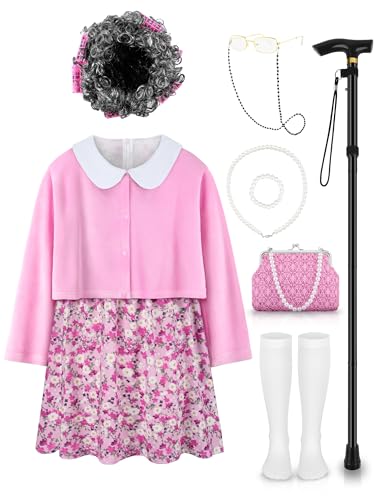 Gnodio Old Lady Costume for Kids 100 Days of School Costume for Girls 100th Day of School Granny Old Lady Dress Up Accessory