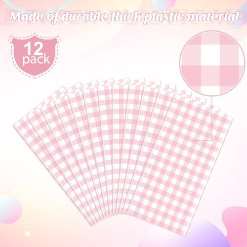 Image of 12 Pack Pink Gingham Tablecloth Round, Premium Decorative Disposable Pink and White Checkered Plaid Table Cloths for Parties, Round Party Table Cover for Picnic Farm Birthday Wedding Festivals, 84Inch
