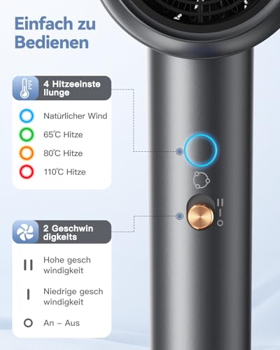 Ionen Föhn mit Diffusor 1800W - DEWILY Schnelltrocknen Haartrockner Hair Dryer, 3 Temperatureinstellungen/ 2-Gang, Kompakt Tragbar Reisefön mit Diffusor für Locken, Grau 4