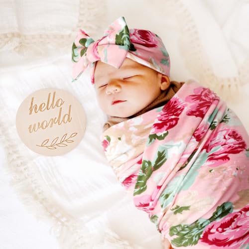 Image of DRESHOW BQUBO Baby Girl Newborn Floral Receiving Blankets with Bow Hat Headband Wooden Birth Announcement Card Set Newborn Baby Swaddling Hats Swaddle Blanket Toddler Warm Shower Gift