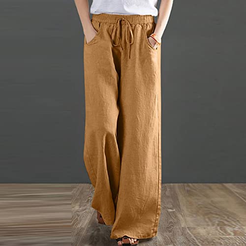 Wide Leg Palazzo Pants for Women Dressy Casual 2024 Cotton Linen Flowy Pants Summer Beach High Waist Long Trousers Drawstring Pants Women Yellow 2X