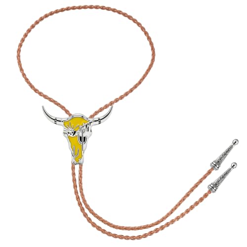 Image of GelConnie Bolero Ties Men Yellow Longhorn Cactus Cowboy Bolo Tie Western | Yellow Longhorn Cactus Cowboy Bolo Tie with Enamel Accent, Adjustable Faux Leather Cord for Bolero Ties Men and Ranch Outfit
