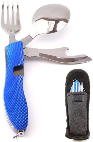 Gr8Life Camping Utensil Set 4 in 1 Stainless Steel Fork Knife Spoon Bottle Opener, Outdoor Portable Pocket Diner Combo, Foldable Multi-Function Tableware, Hiking Survival Kit, Blue, with Storage Case
