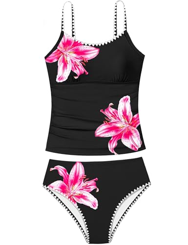 Image of Girls Swimsuit Solid Color Tankini Contrast Trim Swimwear 2 Piece Bathing Suit Padded Swimsuits for Teens 9-16Y