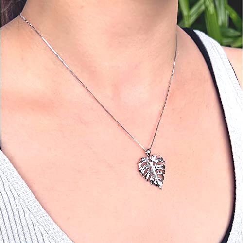 925 Sterling Silver Hawaiian Monstera Leaf Philodendron Plant Pendant With 18” Box Chain, Nickle Free Hypoallergenic For Sensitive Skin, Gift Box Included (Large, Sterling Silver) #TOP2