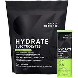 Sports Research Hydrate Electrolytes Powder Packets - Sugar-Free & Naturally Flavored with Vitamins, Minerals, and Coconut Water - Supports Hydration - 16 Packets - Lemon Lime