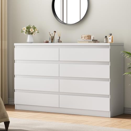 Modern White 8 Drawer Dresser for Bedroom, 15.3" D x 55.2" W x 32.3" H Simply Chest of Drawers, Wood Storage Dresser with Deep Drawers for Living Room Hallway Entryway, White - Image 6