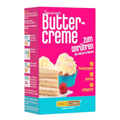DECOCINO Vanille Buttercreme Fertigmischung (250g) - fertige Buttercreme Mischung im Vanille Geschmack, ideal für Torten, Kuchen und Cup Cakes, Topping, Motivtorten, Frankfurter Kranz, Geburstag