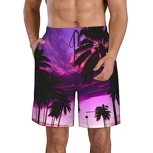 Palm Tree Purple Sunset Men's Standard Quick Dry Swim Trunk,Casual Mens Swim Trunks with Mesh Lining