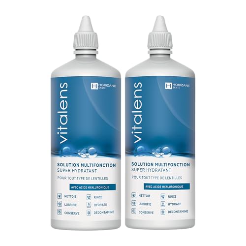 VITALENS - Produit multifonction pour lentilles de contact souples - Décontamine, nettoie, rince, déprotéinise, hydrate et conserve - Solution à l’acide hyaluronique - Format voyage / 2x50ml