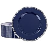 Hioasis 60pcs Blue Plastic Plates - Blue and Silver Disposable Dinnerware with Gold Rim, Heavy-duty, 10.25 inch, Dinner Plates for Party & Wedding