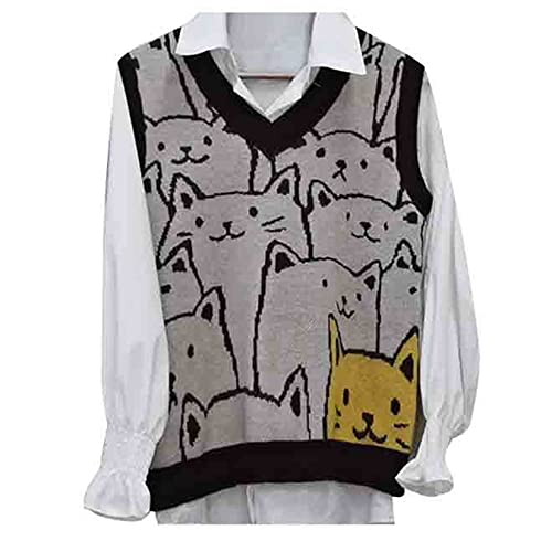 Femmes De Chandail Tricoté Gilet Sans Manches Pulls Cavaliers Chat Motif Shirts Cover
