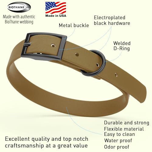 Image of Dogline Biothane Waterproof Dog Collar Strong Coated Nylon Webbing with Black Hardware Odor- Proof for Easy Care Easy to Clean High Performance Fits Small Medium or Large Dogs, Coyote Brown
