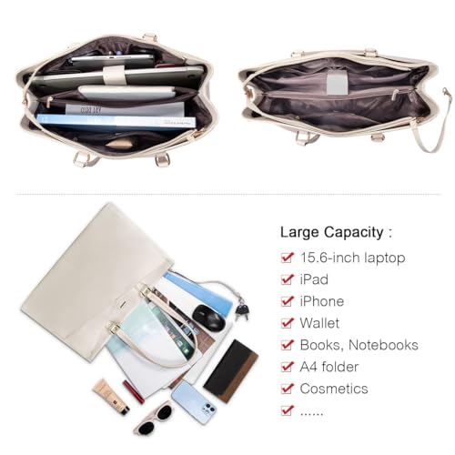 Image of LOVEVOOK Laptop Bag for Women 17.3 Inch Tote Bags Waterproof Leather Briefcase Computer Women Business Office Work Bag,Beige