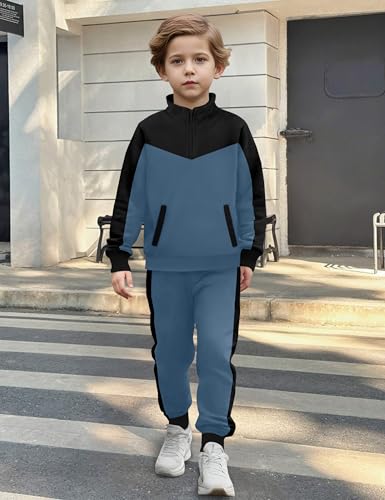 Boys Clothes Solid Color Block Kid Boys' Clothing Sets Stand Collar Half-Zip Sweatsuit 2pcs Outfits with Pocket 6-12y